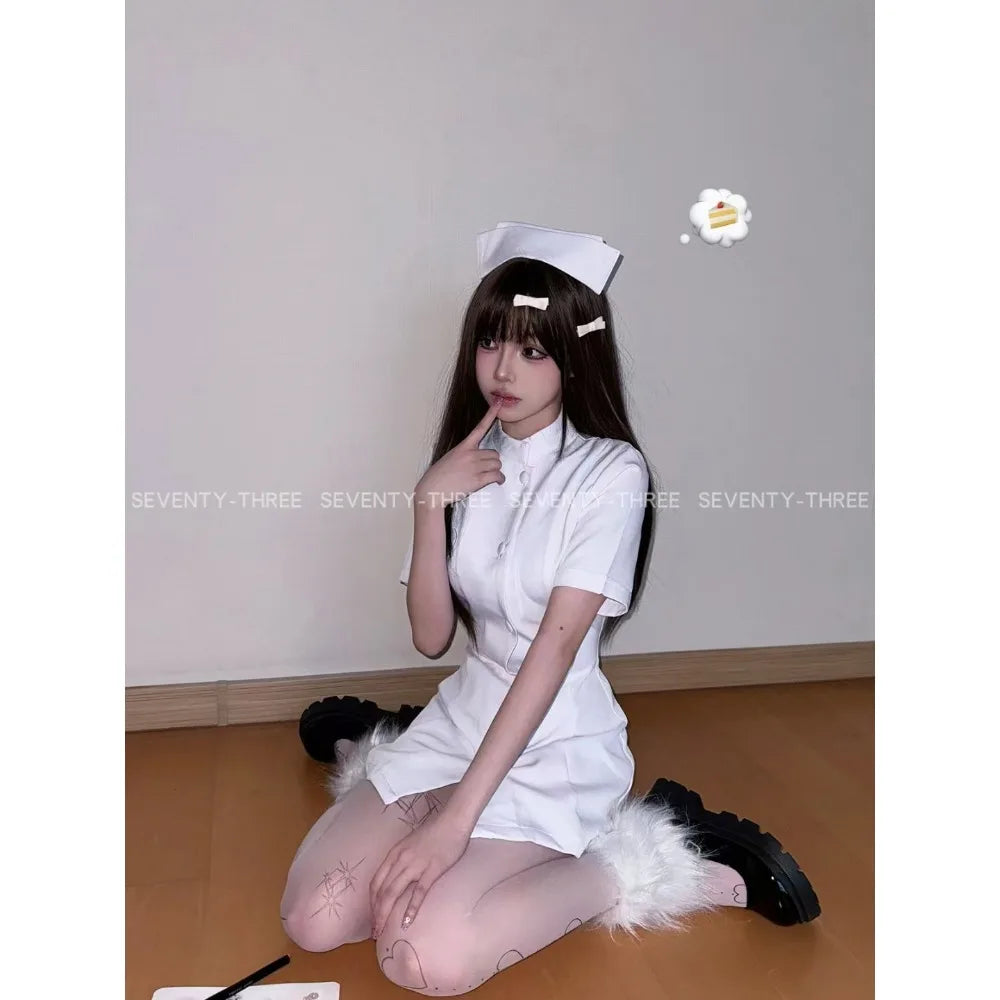 Anime Movie Sexy Nurse Suits Uniform Cosplay Womens Lolita Sexy Costumes Short Sleeve Dress&Hat Set Halloween Cos Party Gifts