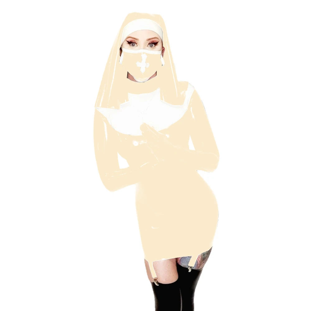 Sexy Nun Cosplay Long Sleeve Bodycon Mini Garter Dress Vinyl PVC Leather High Neck Nun Dress Outfit Halloween Nun Uniform Suit