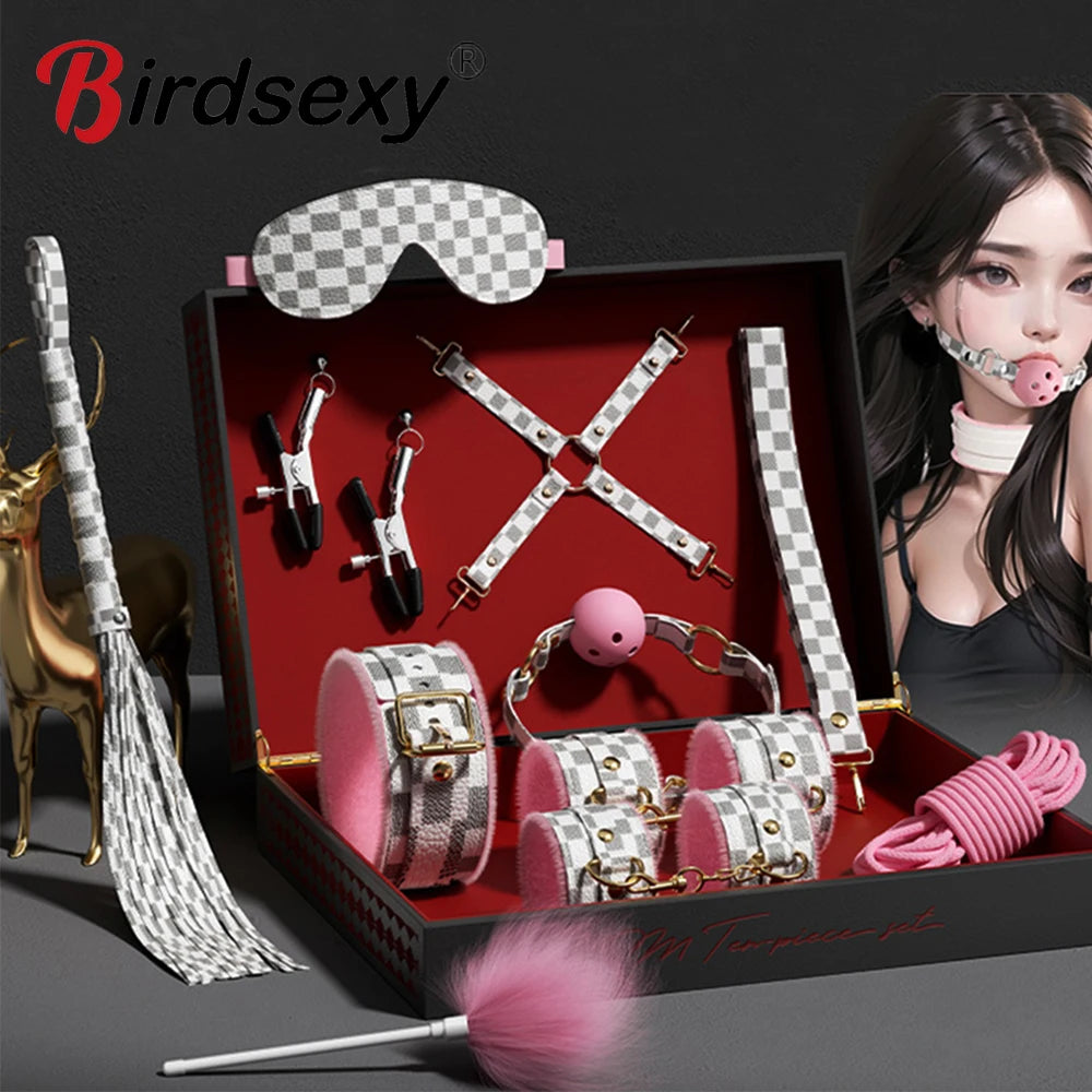 Exotic Bed Bondage Set BDSM Kits Exotic Sex Toys For Adults Games Leather Handcuffs Whip Gag Nipple Clamps Women Sex Products
