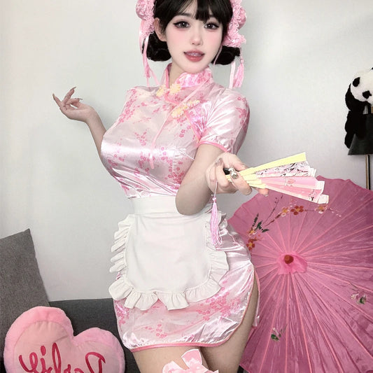 Sexy Mini High Split Cheongsam Women Vintage Button Short Sleeve Qipao Traditional Chinese Silm Dresses Cosplay Costume