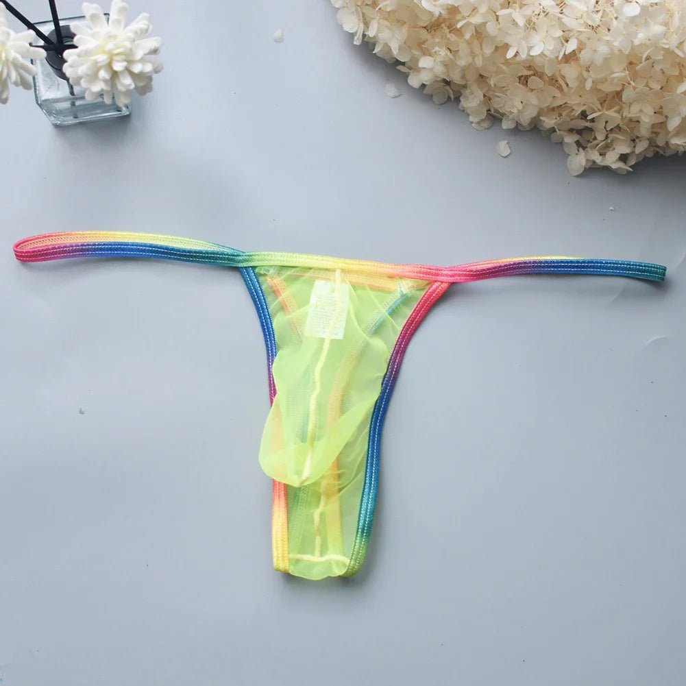 Men's Thongs String Homme Sexy Mesh Briefs Low Waist U Convex Pouch Thong Underpants Transparent Panties Lingerie Underwear