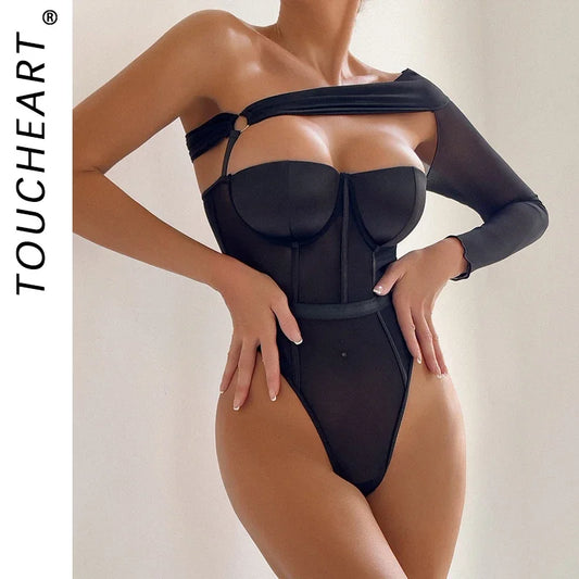 Toucheart Sexy Lingerie One-shoulder Sleeve Body Shaping Jumpsuit Women Push-up Chest Cotton Splicing Mesh Perspective Underwear