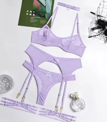 Ashburn Sexy Erotic Lingerie Underwear Bra Garters Brief Sets -multiple colors Women's Transparent Lace Seamless Mesh See-through Underwear New