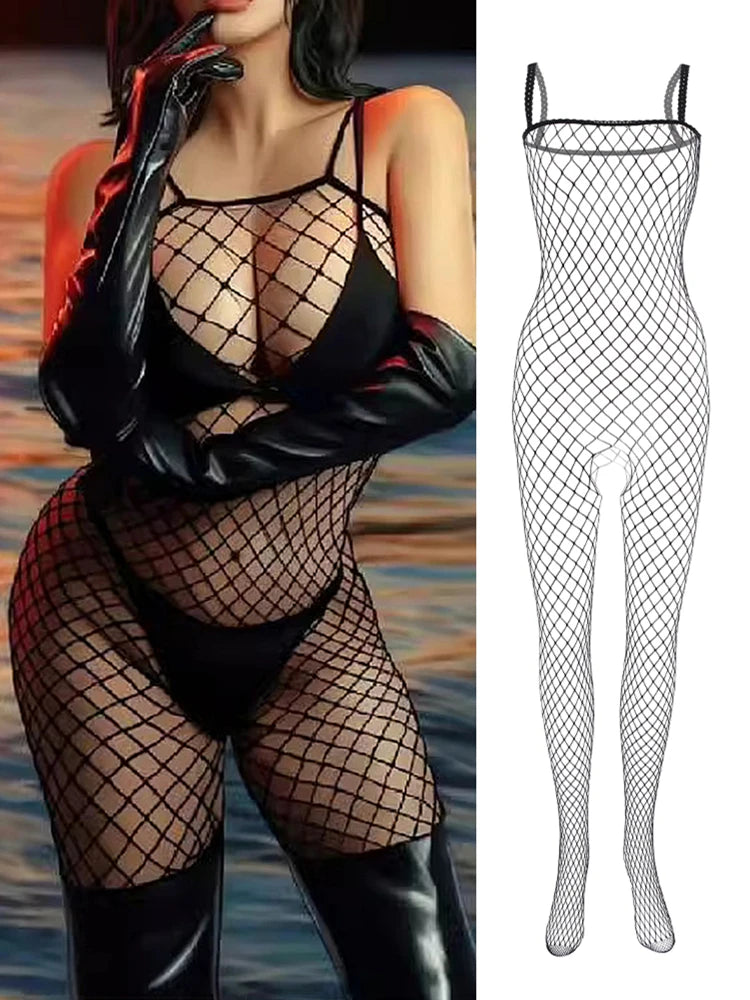 Sexy Fishnet Hollow Bodystocking Nylon See Through Outfits Open Crotch Full Body One Piece Women's Sexy Lingerie & Underwear
