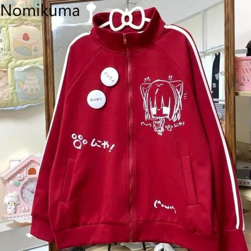 2025 Ropa Mujer Stand Neck Sweatshirts Women Clothing Long Sleeve Casual Anime Print Tops Fashion Japanese Oversized Y2k Hoodies