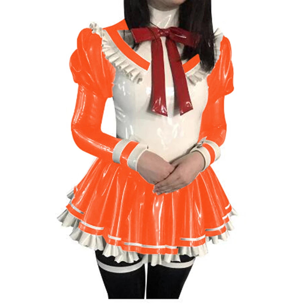 Cosplay Custom Mini Dress Sexy Faux Latex French Maid Club Dresses Long Puffs Sleeves Ruffles PVC Uniform Outfit Clubwear