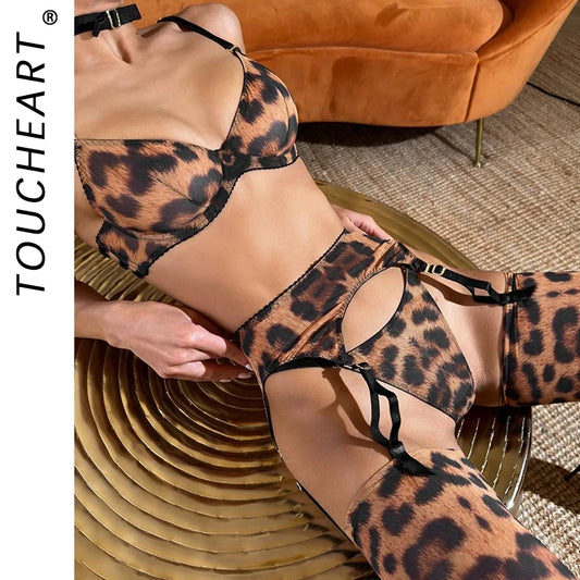 Toucheart 6-piece Push-Up Bra and Stockings Set Leopard Lingerie Sexy Support Seamless Hot Girl Underwear Bra Matching Sets New