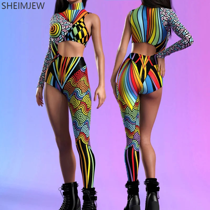 Colorful Irregular Art Striped Jumpsuit Women's Cyberpunk Role Play Costume Halloween Personality Half-sleeve Performance Tights