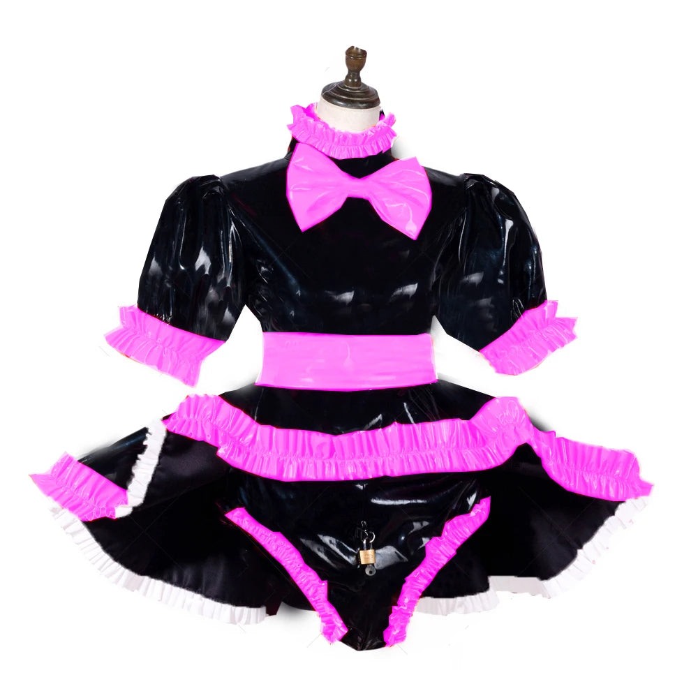 lockable dress Role Play Maid Dress with Apron Lockable Panties French Sissy PVC Short Sleeved Dress Lockable Uniform XS-7XL