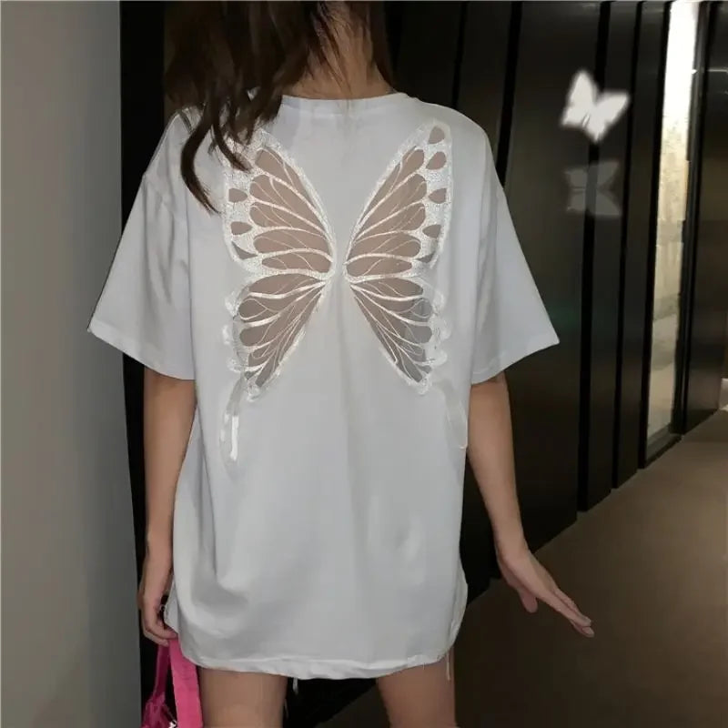 Women's T-shirt Mesh Cotton Female Top 90s Vintage Harajuku Fashion Korean Yk2 Goth Y2k Clothing Pulovers Youthful Clothes 2025