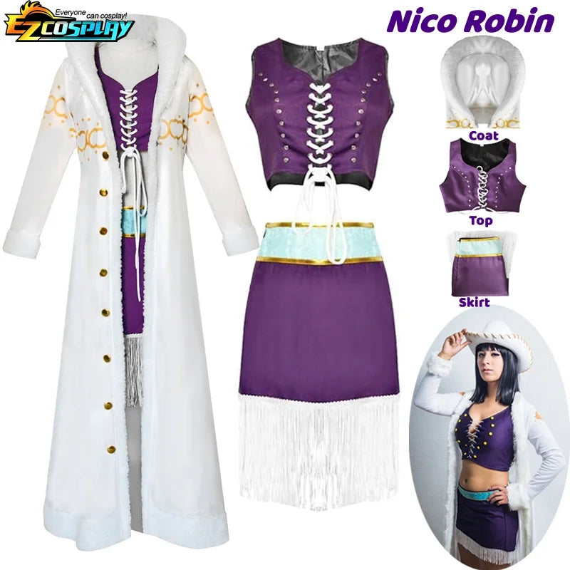 Nico Robin Cosplay Costume Anime One Piece Purple Dress Uniform Long Fur White Cloak Punk Outfit Halloween for Adult