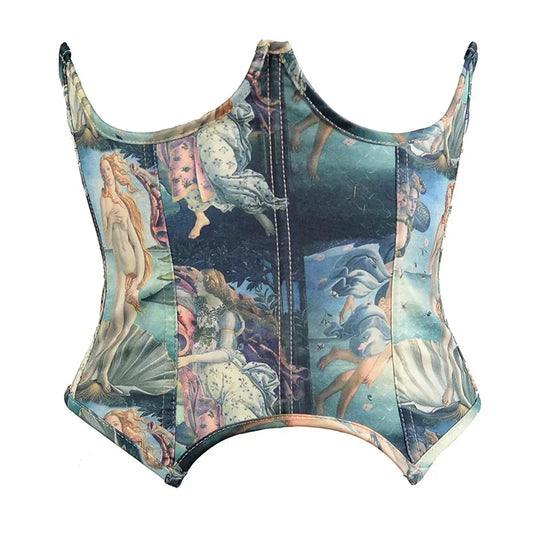 25cm Underbust Corset Ladies Vintage Oil Painting Print Fish Bone Strap Waist Corsets Summer Women Bustier Tube Tops