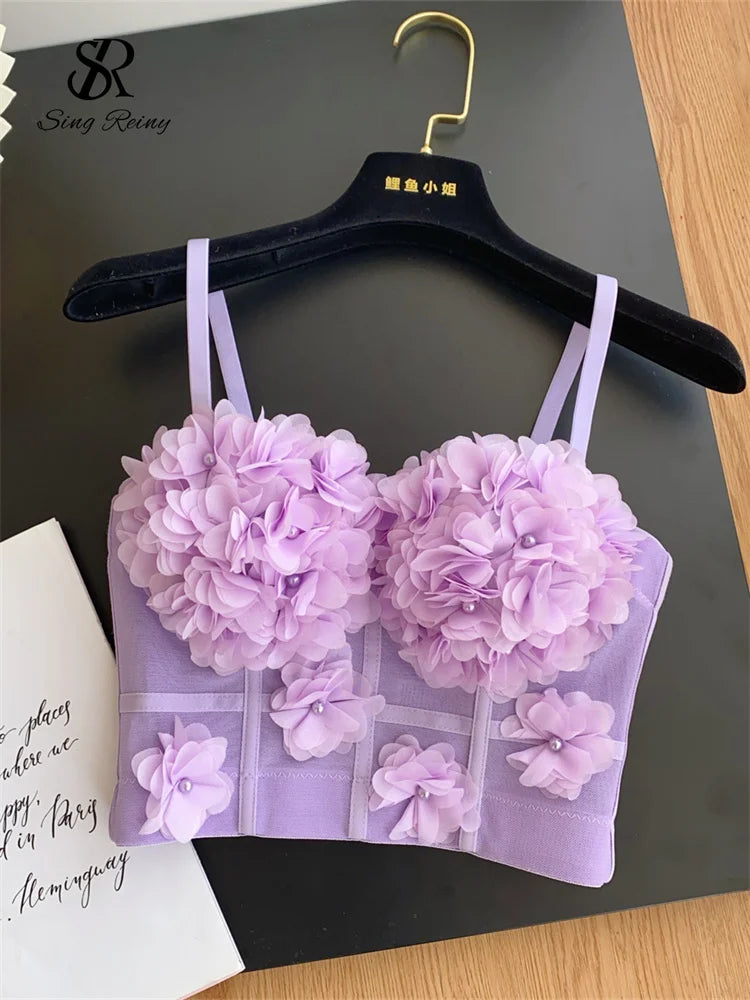 SINGREINY Lace Gauze 3D Flowers Sexy Camisole Women Deading Design Slim Top Fashion Streetwear Ladies Short French Sweet Camis