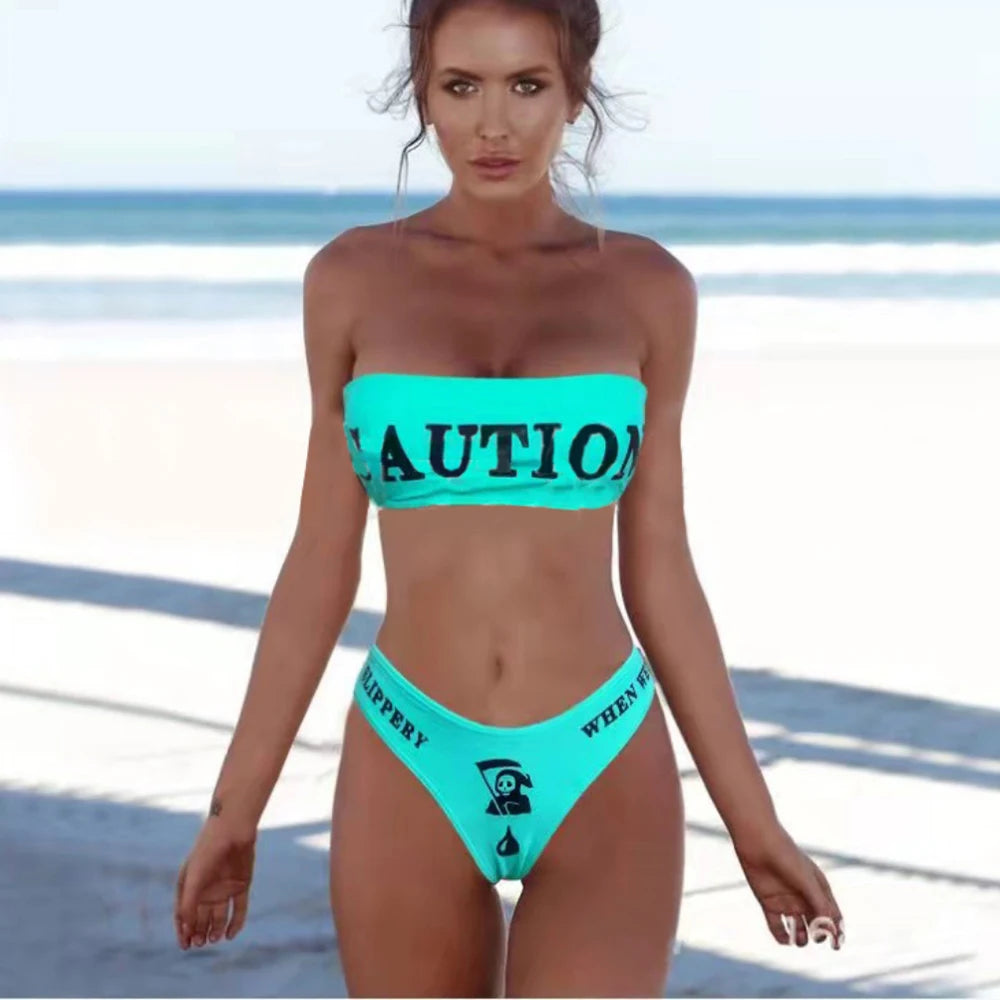 Gothic Bikini 2025 Women Skeleton Tube Top Bra Triangle Bottoms Swimsuit Split Bathing Suit Underwear Y2K Bikinis Swimwear