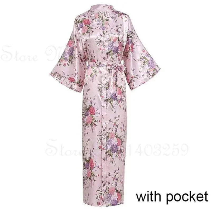 Women Long Robe Kimono Bathrobe Gown with Pockets Sexy Wedding Bride Bridesmaid Dressing Gown Oversize Satin Homewear Loungewear
