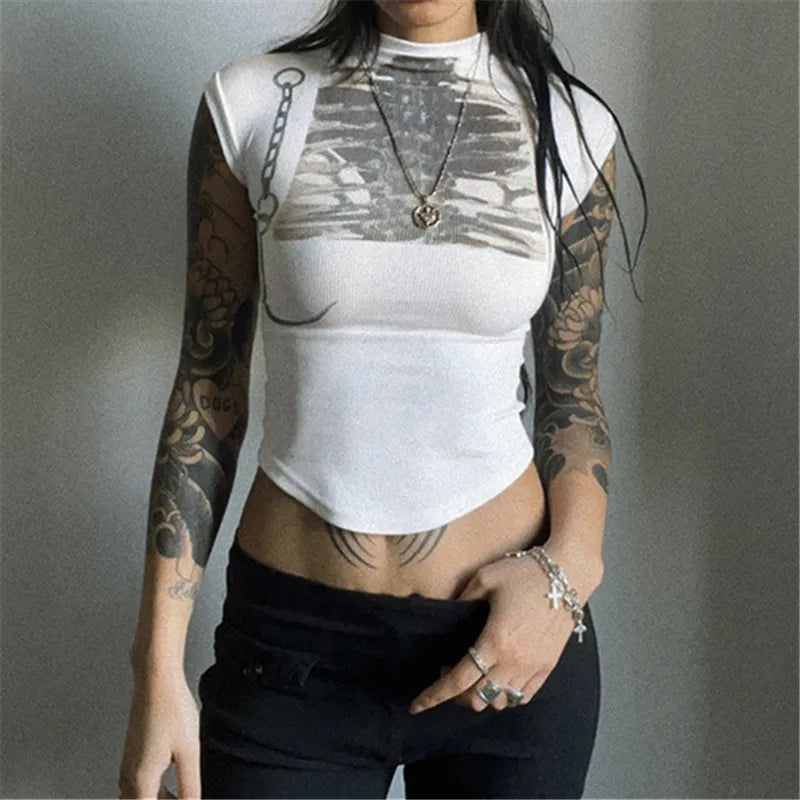 Goth Dark Streetwear Tees Chic Print Half High Neck Crop Tops Cyber Y2K Slim T-shirts Gothic E-girl T-shirt Women Casual Blouse