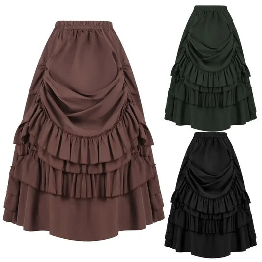 Cosplay Vintage Steampunk Dress Victorian Medieval Ruffled Satin & Lace Trim Gothic Skirts Women Corset Skirt Pirate Costumes