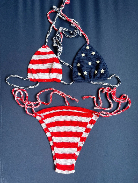 ASHBURNS USA American Flag Bikini Bathingsuit The Stars And The Stripes Handmade Crochet Beachwear Women String Bikini Set Two-Pieces