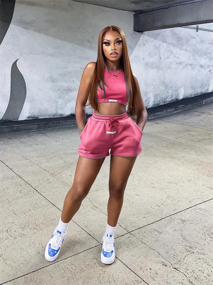 New in Matching Sets 2 Two Pieces Women Pants Sets Crop Tops Pink Tracksuit Sweatpants Activewear Workout Short Sets Outfits