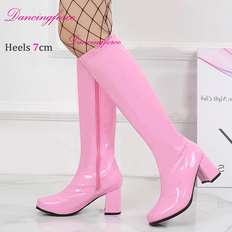 Orange Sexy Retro 60s 70s Gogo Boots 7cm Chunky Block Heel Club Knee High Boots CrossDressing Unisex Shoes Women