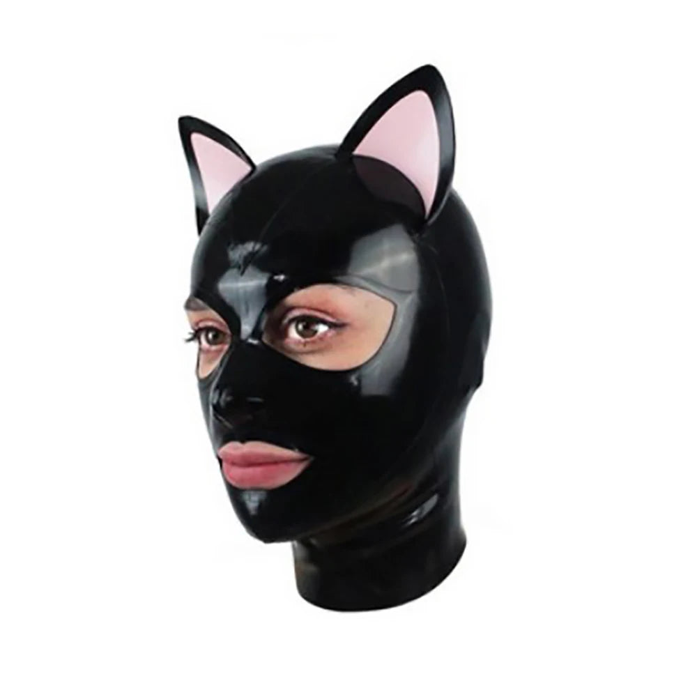 Adult Latex Hood Mask with Pink Cat Ears Back Zipper Rubber Head Mask Pretty Women Cosplay Costumes Props