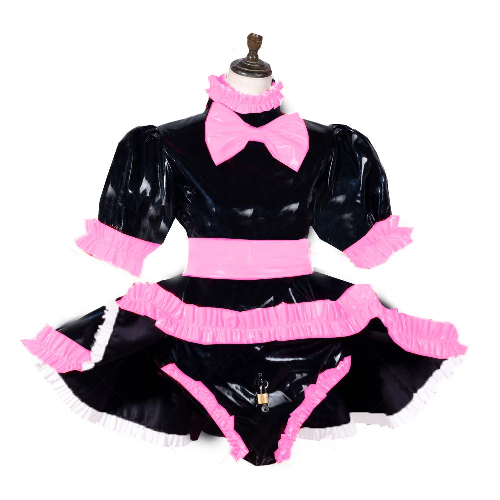 lockable dress Role Play Maid Dress with Apron Lockable Panties French Sissy PVC Short Sleeved Dress Lockable Uniform XS-7XL