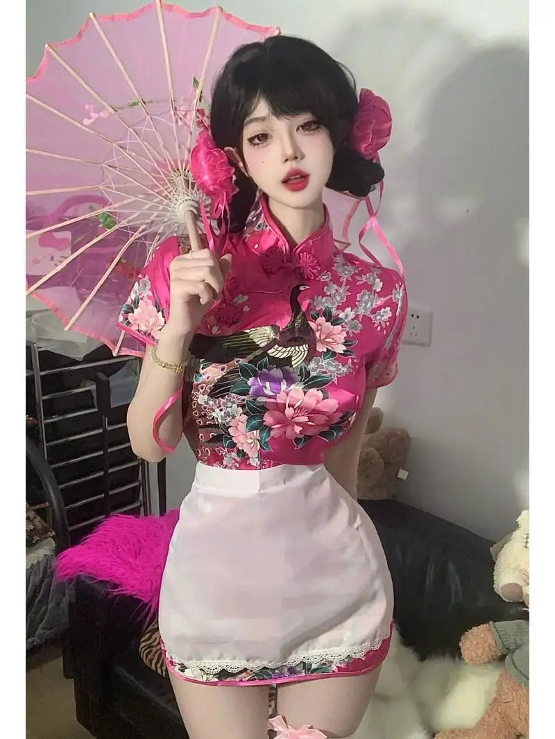 Chinese Cooking Style Hanfu Sexy Dress Girl Pure Desire Style Spicy Girl Dress Improved Cheongsam Dress For Women With Apron Set