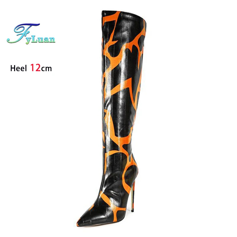 Fashion Print European and American Large Size Boots For Women 12CM High Heels Sexy Pointed Knee-High Boots Spring Autumn Shoes