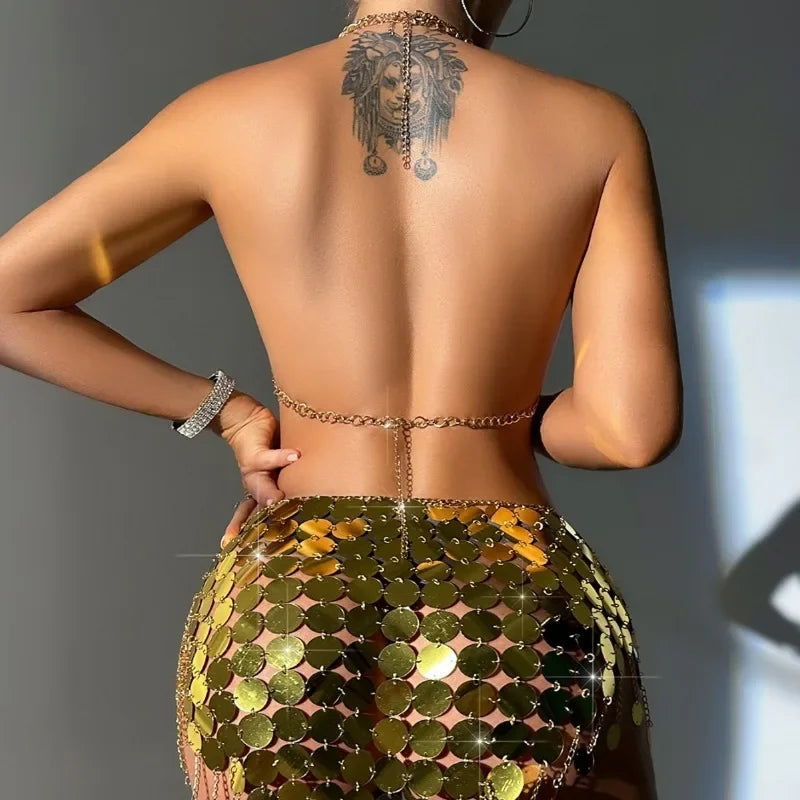 Toucheart Sexy Sequin Bikini Skirt Women Chain Patchwork Sequins Hollow Out Sexy Sling Backless Tassel Women's Skirt Underwear