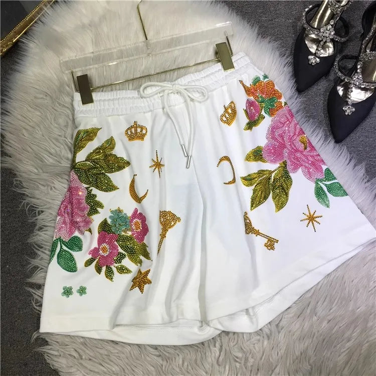Oversized rhinestone diamond high-waisted black adjustable waist wide leg slacks Women's shorts