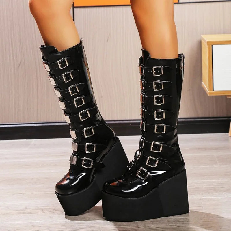 Women's Cosplay Boots Multi-row Belt Buckle Long Tube Leather Knight Boot Punk Gothic Classic Black High Heel Shoes Knee-High