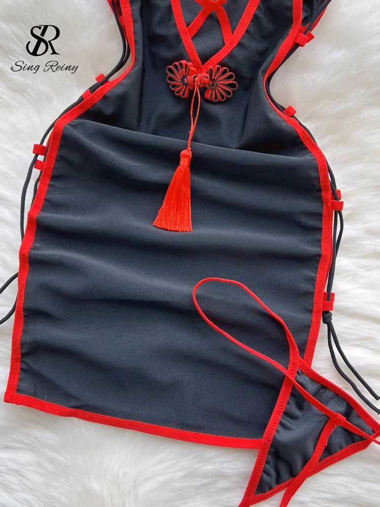SINGREINY Women Halter Pajamas Dress Hollow Out Lace-up Slim Erotic Short Night Dress Pendant Retro Cheongsam Sexy Nightwear