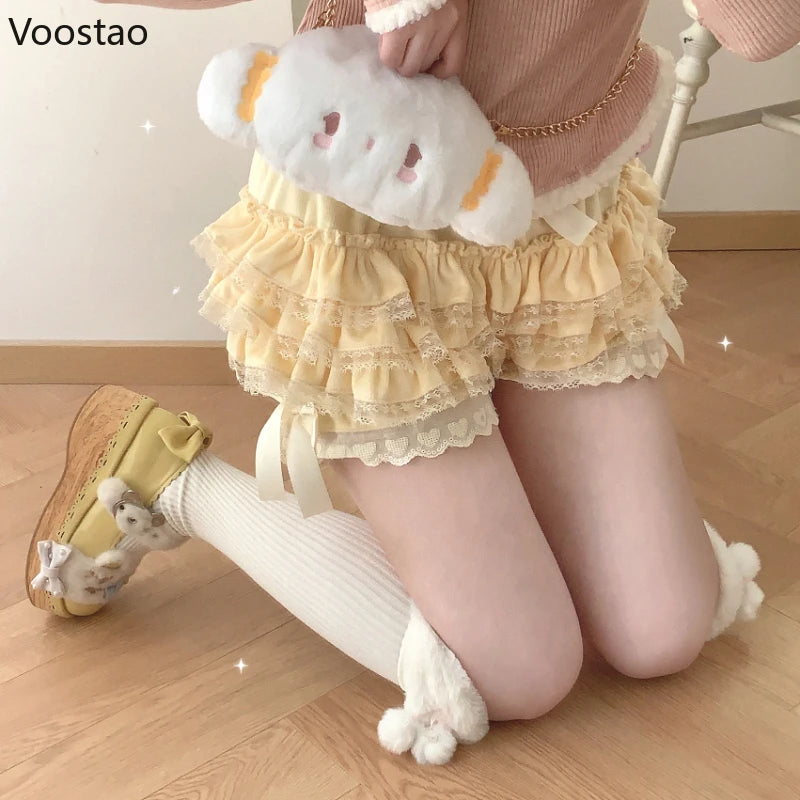 Autumn Winter Sweet Lace Ruffles Women Lolita Safety Short Pants Cute Knickers Velvet Princess Underpants Girl Harajuku Bloomers