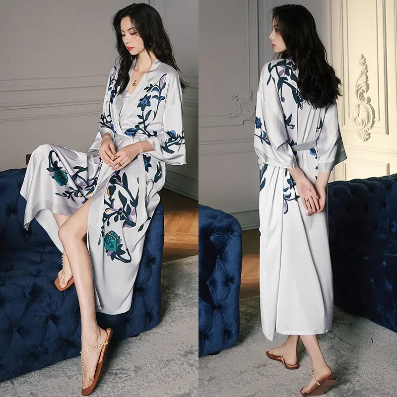 Satin Pajamas Womens Robe for Summer Plus Size Luxury Design Fashion Printing Silk Cool Long Style Bathrobe Womens Long Robes