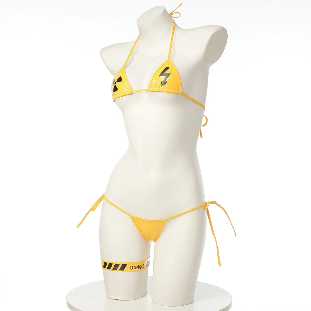 Danger Caution Print Swimsuit Low Waist Bikinis Sets