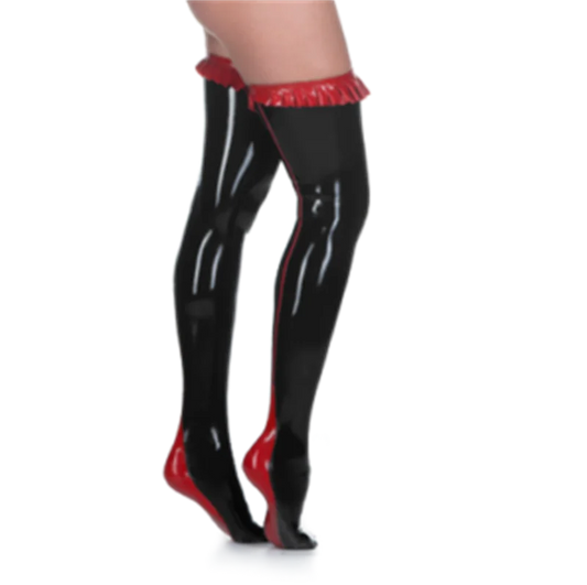 ASHBURN Latex Stirrup Stockings Thigh High Stockings Red Ruffle 0.4