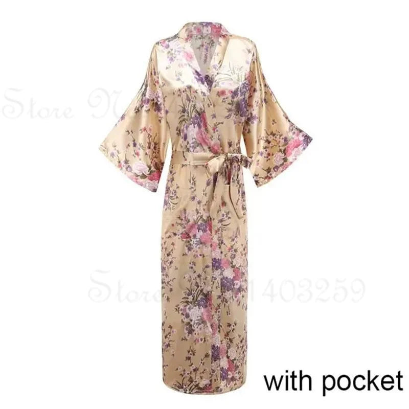 Women Long Robe Kimono Bathrobe Gown with Pockets Sexy Wedding Bride Bridesmaid Dressing Gown Oversize Satin Homewear Loungewear
