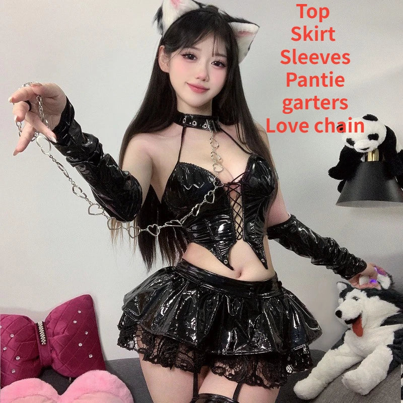 Anime Devil's City Queen Unifrom Women Cool Girl Punk Cyber Leather Outfits Costumes Cosplay Demon Role Play Sexy Set Halloween