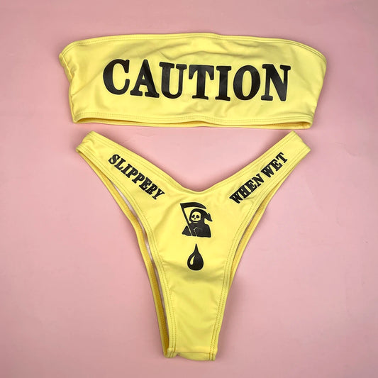 Gothic Bikini 2025 Women Skeleton Tube Top Bra Triangle Bottoms Swimsuit Split Bathing Suit Underwear Y2K Bikinis Swimwear