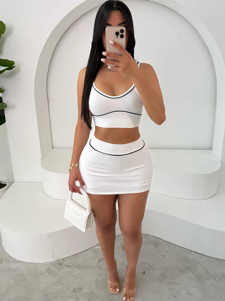 Sisterlinda Summer Matching 2 Piece Set Stripe Panelled Square Neck Camis+High Waist Slim Skirts Female Coordinate Active Outfit