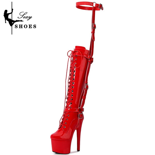 Women Erotic Red T-tied Knee-High Boots Pole Dancing Fashion Boots Zip Stiletto Gothic Fetish Long Boots Stripper Shoes