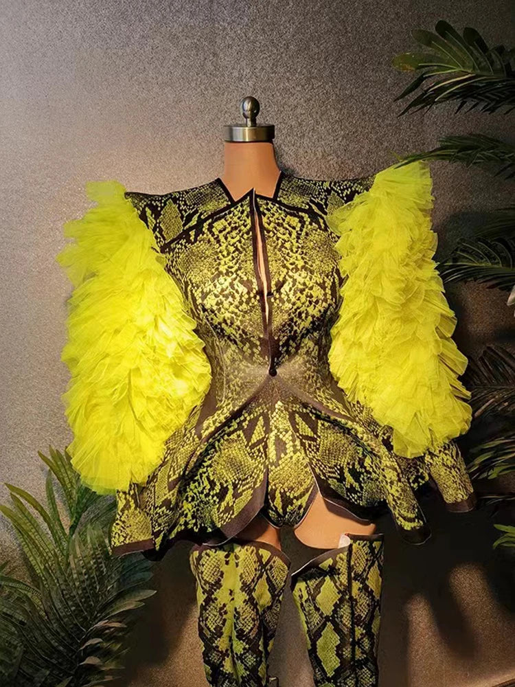 Mesh Puff Sleeve Suit LEG Cover Singer Stage Costume Green Snake Pattern Outfit Drag Queen Clothes Gogo Dancer Clothing VDB6343