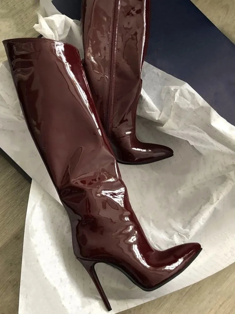 Knee High Boots Candy Colors Mirror Leather Women Knee High Boots High Heels Stilettos Runway Shoes for Women High Heel Boots