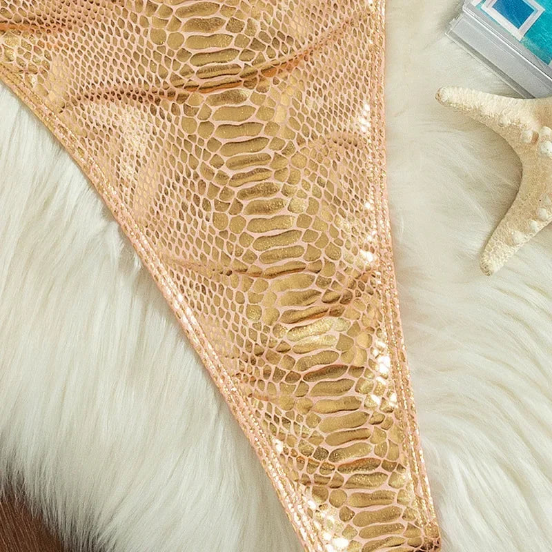 Golden Shiny Snake Print Swimsuit for Women,2025 Summer New One Piece Bikini,U-neck Suspender Cross Straps Beachwear Monokini