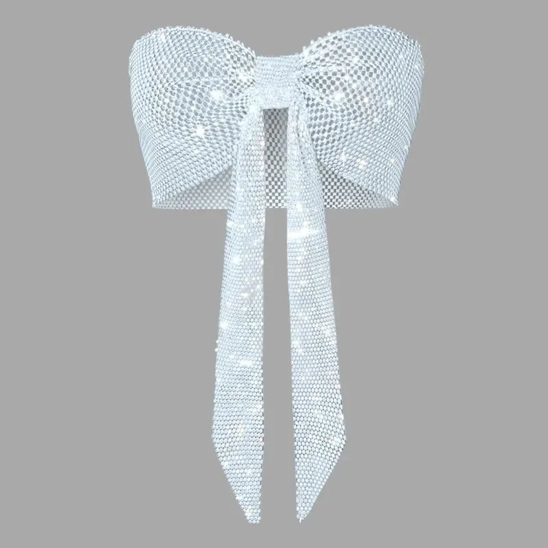 Toucheart Sexy Bow Knot Lace Up Strapless Bra For Women Rhinestone Tube Top Hollow Out Perspective Sexy Hottie Fishnet Bodysuit