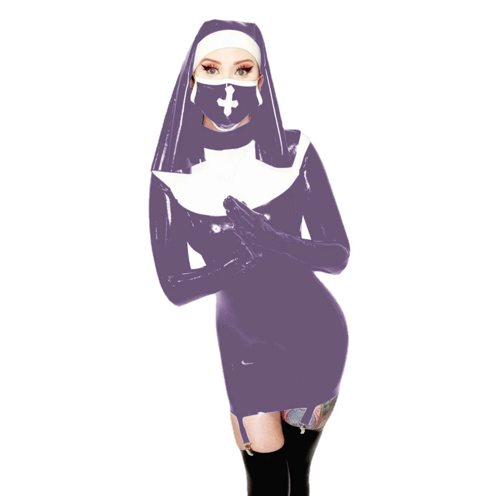 Sexy Nun Cosplay Long Sleeve Bodycon Mini Garter Dress Vinyl PVC Leather High Neck Nun Dress Outfit Halloween Nun Uniform Suit