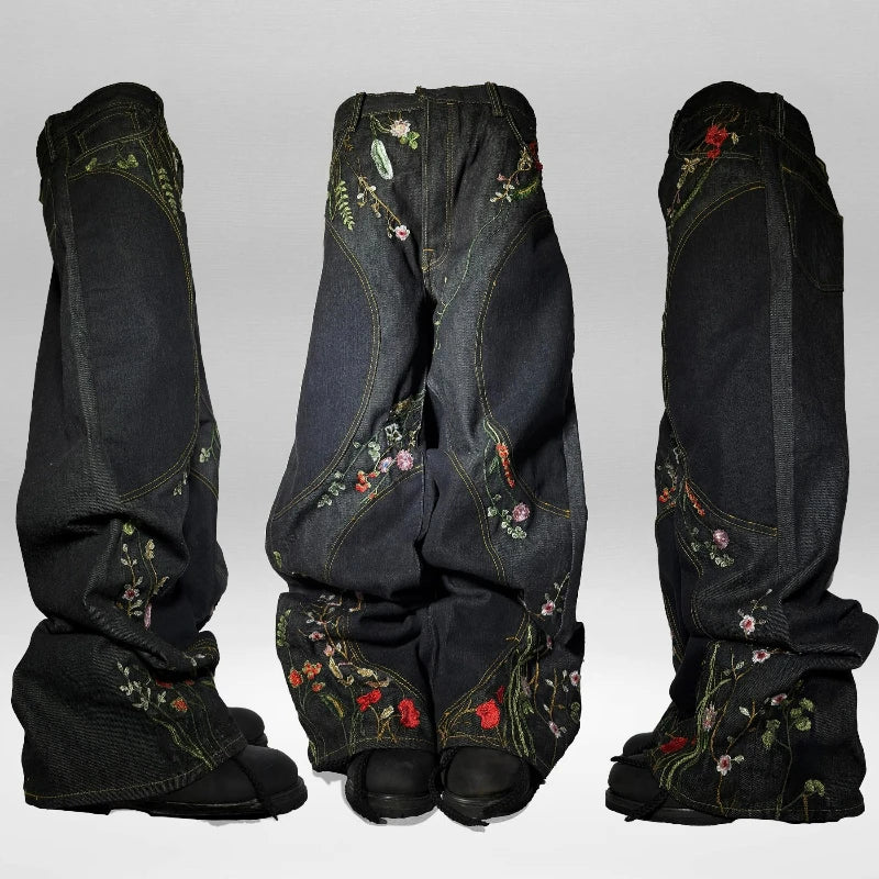 Y2K Floral Baggy Jeans Retro Blossom Embroidery Streamlined Unisex Streetwear Gothic High Street Oversized Wide Leg Men Pants