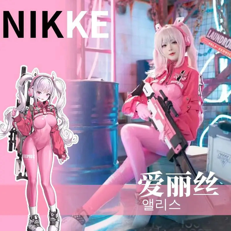 Women’s Nikki Alice Cosplay Costume Bodysuit with Ear Gloves Wig Cosplay Latex Cat suit Jumpsuit Jacket Suit