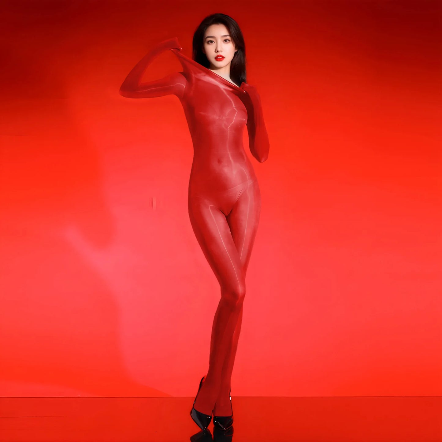 Women Sexy Cosplay Maid Tights Thin Oil Glossy Five Finger Sleeve Jumpsuits Stockings See Through Bodysuits Leotard Candy Color