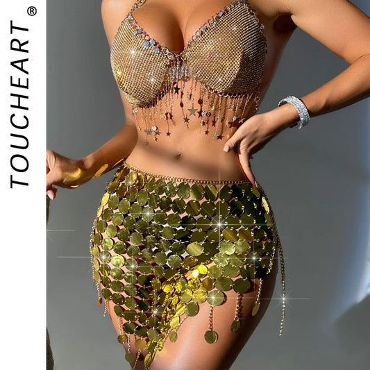 Toucheart Sexy Sequin Bikini Skirt Women Chain Patchwork Sequins Hollow Out Sexy Sling Backless Tassel Women's Skirt Underwear